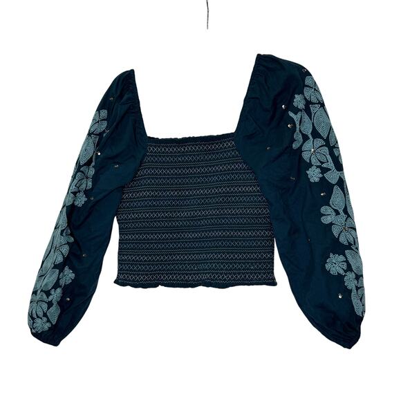 By Anthropologie Smocked Embroidered Floral Top Women’s XS Turquoise Green $98 - Picture 2 of 8
